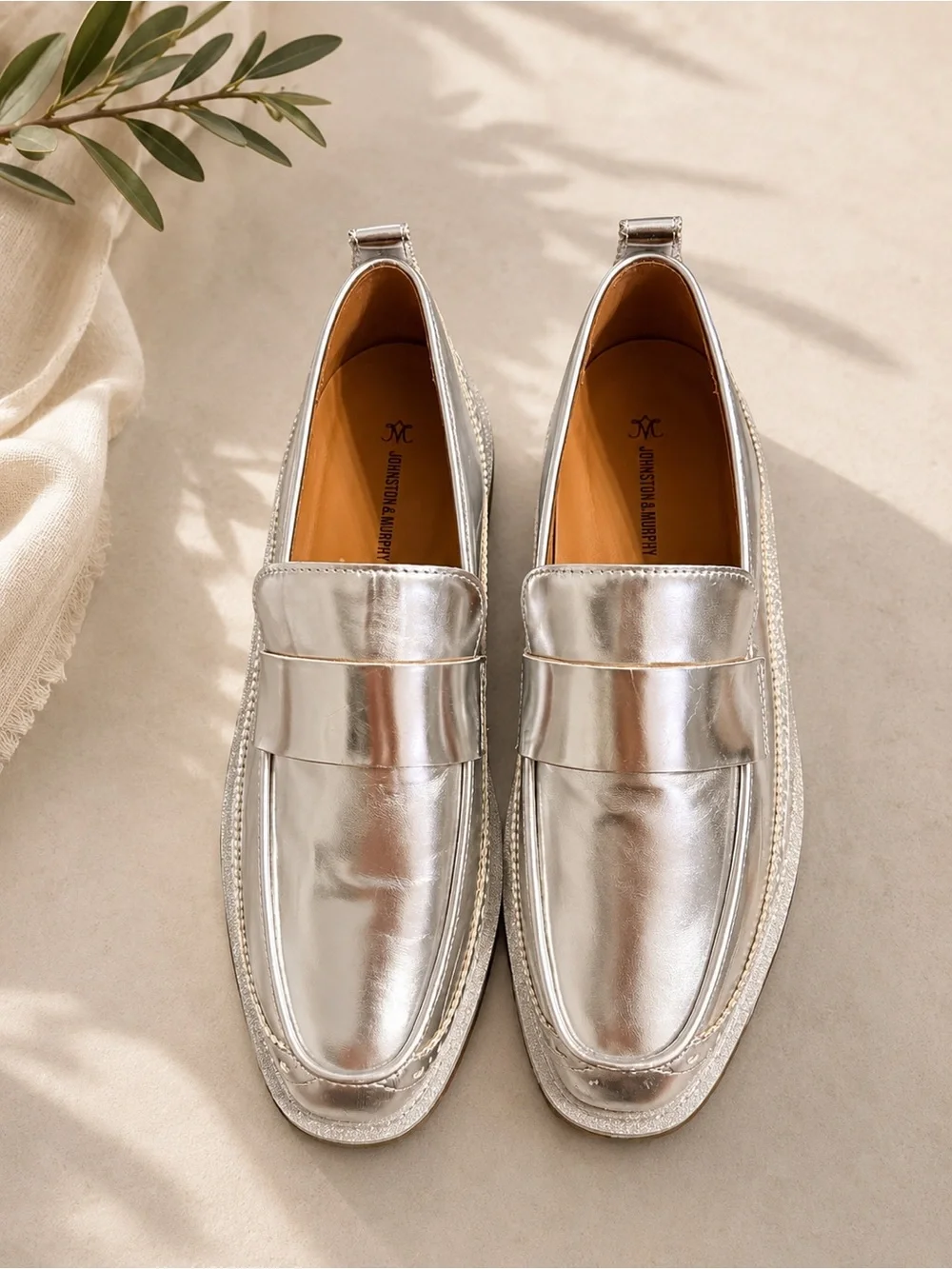 Johnston & Murphy Gracelyn Venetian Silver Metallic Platform Loafers Size 8.5